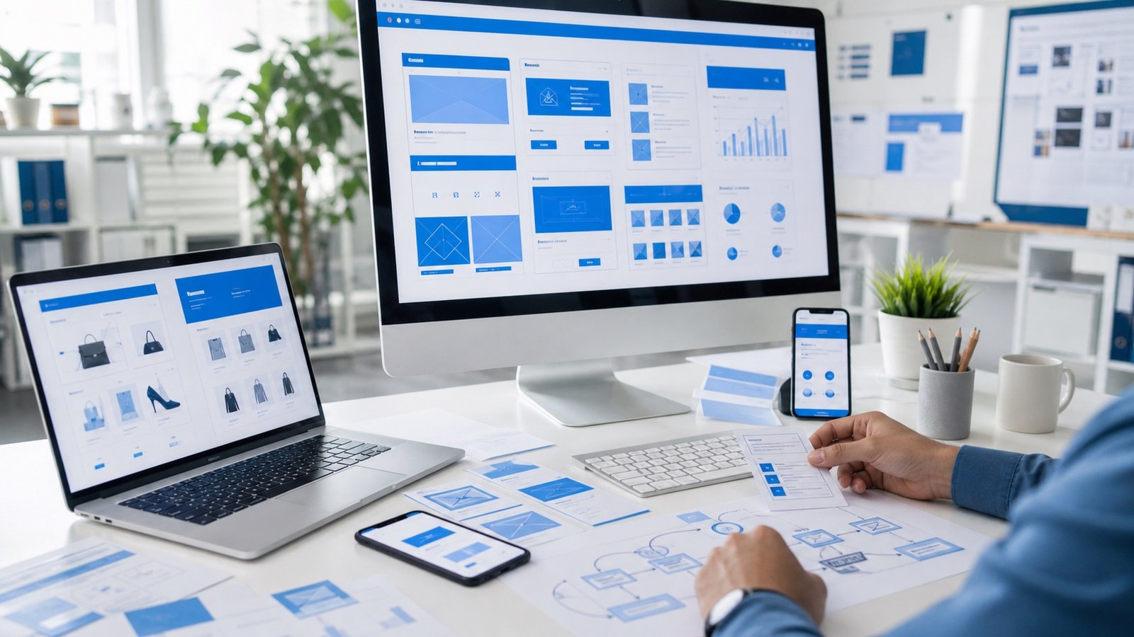 Digital product studio workspace showing responsive website screens and a customer journey plan